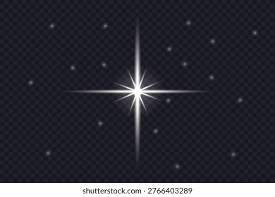 Luminous cross starburst with glowing ray beams on transparent grid, white twinkling star element for holiday design, elegant celestial light sparkle.