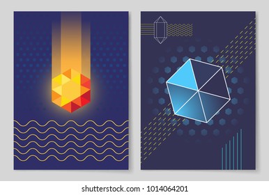 Luminous crystal that spreads strong stream of light and six-pointed geometric shape vector illustrations on abstract posters with dark background.