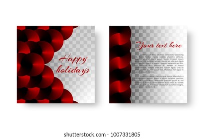 Luminous design of a greeting card with shiny red discs and a metallic conical texture on a transparent backdrop