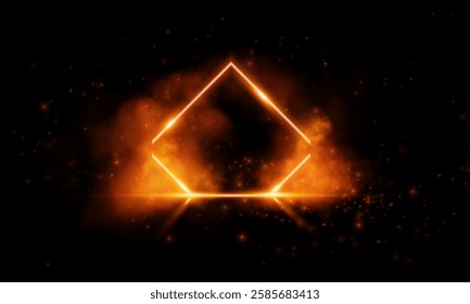 A luminous diamond-shaped neon portal framed by fiery orange light floats amid glowing mist and star-like particles, radiating speed, magic, and energy in a futuristic, mystical ambiance.