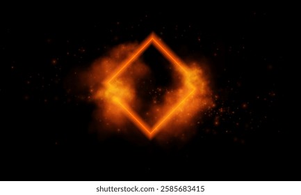 A luminous diamond-shaped neon portal framed by fiery orange light floats amid glowing mist and star-like particles, radiating speed, magic, and energy in a futuristic, mystical ambiance.