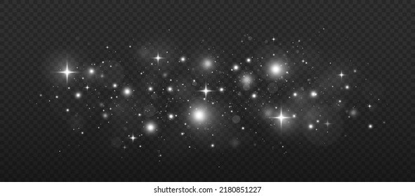 Luminous dust twinkle on transparent background. White sparks and stars glitter special light effect. Glowing light background.