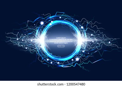 Luminous electric circle lightning atmospheric phenomenon realistic image on dark night sky blue decorative background vector illustration. Party poster or flyer abstract high voltage layout