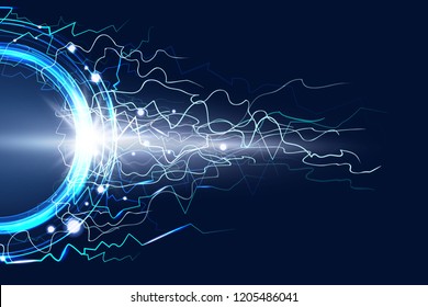 Luminous electric circle lightning atmospheric phenomenon realistic image on dark night sky blue decorative background vector illustration. Party poster or flyer abstract high voltage layout