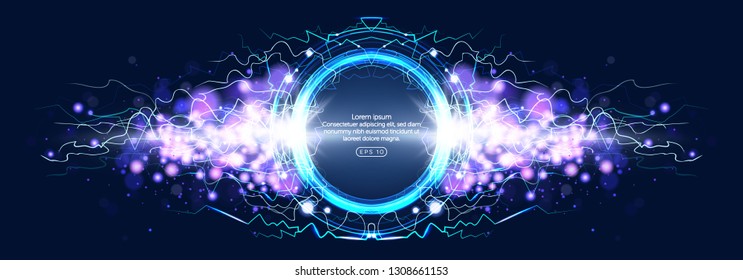 Luminous electric circle lightning atmospheric phenomenon realistic image on dark night sky blue decorative background vector illustration. Party poster or flyer abstract high voltage layout