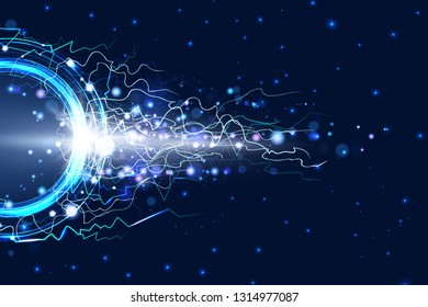 Luminous electric circle lightning atmospheric phenomenon realistic image on dark night sky blue decorative background vector illustration. Party poster or flyer abstract high voltage layout