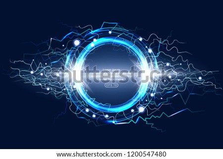 Luminous electric circle lightning atmospheric phenomenon realistic image on dark night sky blue decorative background vector illustration. Party poster or flyer abstract high voltage layout