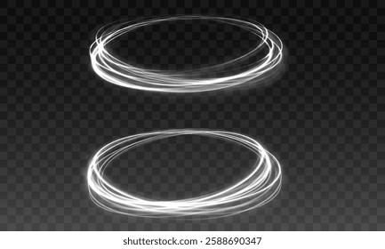 Luminous energy loops, sci-fi neon vortex, electric white glowing rings, transparent overlay, high-tech holographic effect, fantasy portal design, digital motion trails, swirling light waves