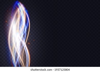 Luminous energy wavy lines, abstract light effect vector illustration. Glowing white orange blue neon vertical stream waves, dazzle glow trail with magic swirl shape on transparent black background
