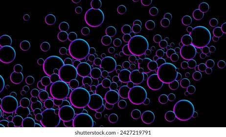 Luminous floating balls in blue and pink neon glow colors on black. Futuristic random flying neon glowing circles, spheres or bubbles. Fluorescent circular particles dynamic flow. Vector background