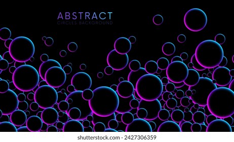 Luminous floating balls in blue and pink neon glow colors on black. Futuristic random flying neon glowing circles, spheres or bubbles. Fluorescent circular particles dynamic flow. Vector background