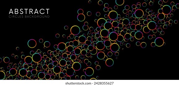 Luminous floating balls shine with rainbow colors on black background. Colorful rainbow random flying glowing circles, spheres or bubbles. Fluorescent circle particles dynamic flow. Vector background