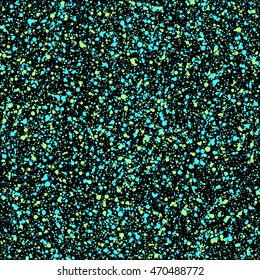 Luminous, fluorescent cyan splash, speckle, fleck vector seamless pattern. Hand drawn abstract spray texture. Neon blue and green uneven spots, dots, blobs on black backdrop. Surreal background.