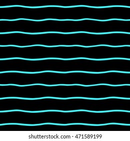 Luminous, fluorescent cyan wavy stripes seamless background. Thin hand drawn uneven waves vector pattern. Striped abstract template. Cute wavy streaks texture. Neon blue bars on black backdrop.