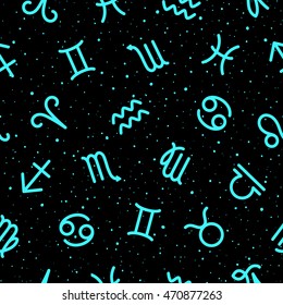 Luminous, fluorescent cyan zodiac signs seamless vector pattern with tiny uneven dots texture. Neon blue zodiac icons astrological background with hand drawn speckles. Horoscope symbols pattern.