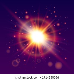 Luminous flux from sunrise in space. Bright rays of the sun and brilliant sparkling flares, stars. Abstract light effect on lilac space background.