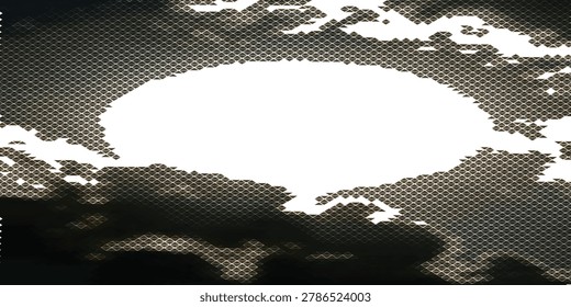A luminous full moon peeks through layered dark clouds over a textured halftone sky, creating an atmospheric, mysterious nighttime scene with dramatic contrast and subtle digital grain.