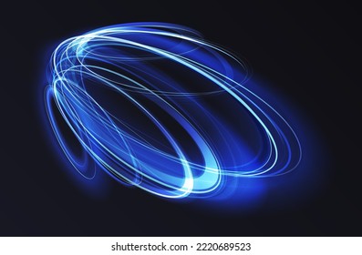 Luminous futuristic neon blue glow of energy rings, abstract 3d light effect vector illustration. Magic glowing speed motion spin, glowing swirl trail circles, bright sparkling lines black background