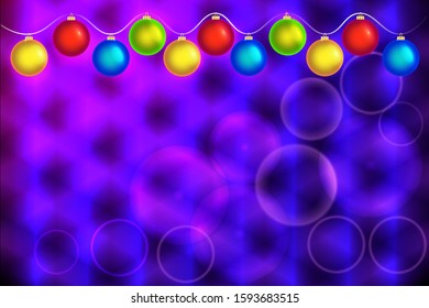 Luminous garland of colorful balloons on a purple background with transparent circles, place for text
