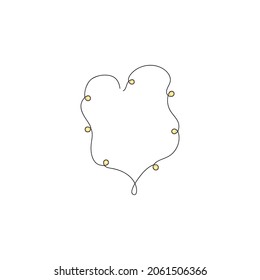 Luminous garland with lights laid out in the shape of a heart, drawn in one line. Holiday sketch. Continuous line drawing festive decor. Vector illustration.