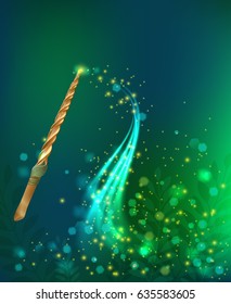 Luminous glare background with magic wand and sparkle glitter trail in realistic style vector illustration 