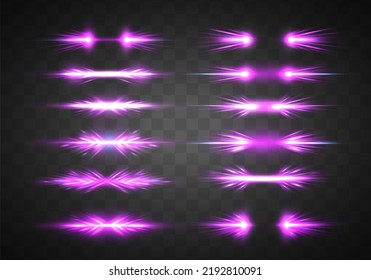 Luminous glass purple frames. Luminous billboard. Sparks sparkle with glowing neon white light effects. Set of vector violet lenses on transparent background. Abstract lights lines