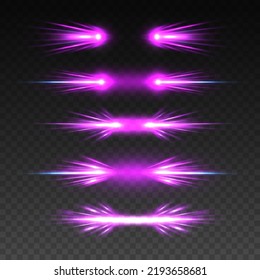 Luminous glass purple frames. Luminous billboard. Sparks sparkle with glowing neon white light effects. Set of vector violet lenses on transparent background. Abstract lights lines