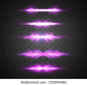 Luminous glass purple frames. Luminous billboard. Sparks sparkle with glowing neon white light effects. Set of vector violet lenses on transparent background. Abstract lights lines