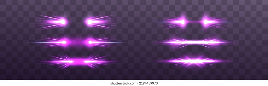 Luminous glass purple frames. Luminous billboard. Sparks sparkle with glowing neon white light effects. Set of vector violet lenses on transparent background. Abstract lights lines