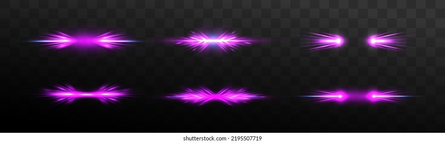 Luminous glass purple frames. Luminous billboard. Sparks sparkle with glowing neon white light effects. Set of vector violet lenses on transparent background. Abstract lights lines