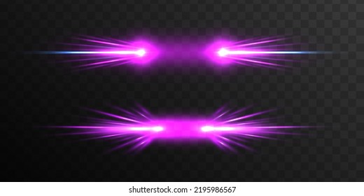 Luminous glass purple frames. Luminous billboard. Sparks sparkle with glowing neon white light effects. Set of vector violet lenses on transparent background. Abstract lights lines