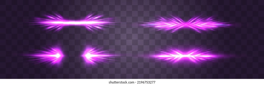 Marco luminoso de vidrio morado. Cartel luminoso. Provoca brillo con efectos de luz blanca de neón brillante. Conjunto de lentes violetas vectoriales sobre fondo transparente. Líneas de luces abstractas