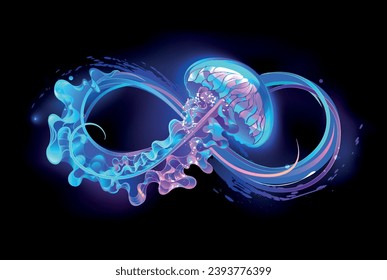 Luminous, glowing infinity symbol with purple, bioluminescent, vibrant, fluorescent jellyfish adorned with long tentacles on black background. Underwater life.