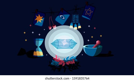 Luminous glowing magic crystal with tarot cards, dried flowers, mushrooms, hourglass, pestle and mortar.