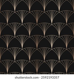 Luminous gold lines fan seamless pattern in Art Deco style against a deep black background, evokes vintage glamour and dramatic flair.