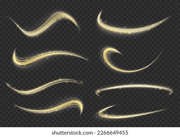 Luminous gold lines of speed. Twist with sparkle dust. Yellow glowing motion line. Light sparkling effect. Dynamic golden waves. Magic speed flying trails of shine, bright shimmer particles fly Vector