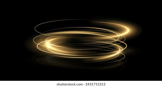 Leuchtendes Gold Podium Linien pong der Geschwindigkeit. Lichtglühender Effekt png. Abstrakte Bewegungslinien. Lichtspurwelle, Brandspurlinie, Autoscheinwerfer, Glasfaser und Glühkurvenwirbel	
