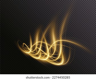 Luminous gold wavy line of light on a transparent background. Gold light, electric light, light effect png. Curve gold line png for games, video, photo, callout, HUD. Isolated vector illustration.
