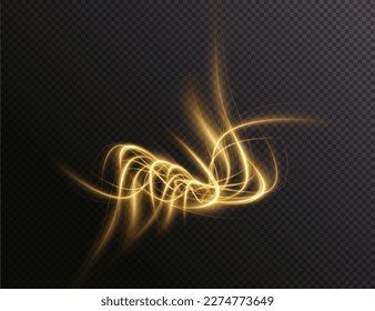 Luminous gold wavy line of light on a transparent background. Gold light, electric light, light effect png. Curve gold line png for games, video, photo, callout, HUD. Isolated vector illustration.