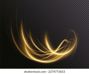 Luminous gold wavy line of light on a transparent background. Gold light, electric light, light effect png. Curve gold line png for games, video, photo, callout, HUD. Isolated vector illustration.