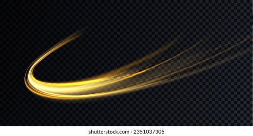 Luminous gold wavy line of light on a transparent background. Gold light, electric light, light effect png. Curve gold line png for games, video, photo, callout, HUD. Isolated vector illustration.