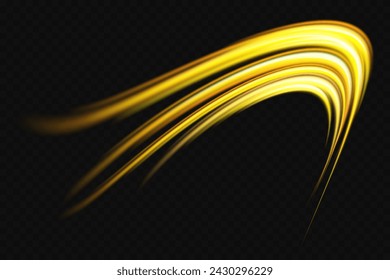 Luminous gold wavy line of light on a transparent background. Glittering wavy trail. Golden glowing shiny spiral lines effect. Curved yellow line light. Swirling glow dynamic neon circles.