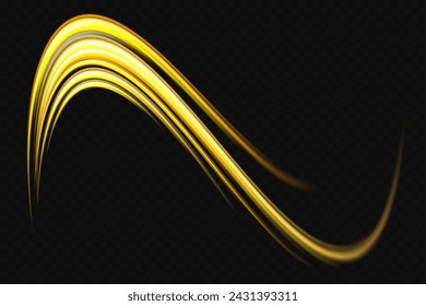 Luminous gold wavy line of light on a transparent background. Glittering wavy trail. Golden glowing shiny spiral lines effect. Curved yellow line light. Swirling glow dynamic neon circles.