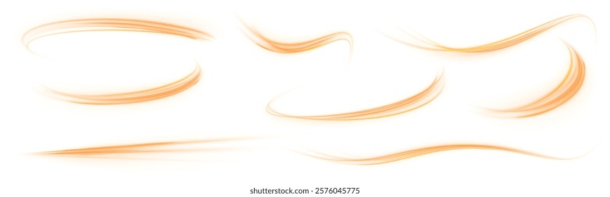 Luminous gold wavy line of light on a transparent background. Curved yellow line light. Set of neon speed lines on transparent background PNG.	