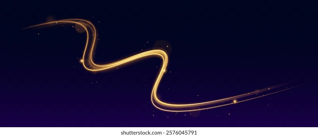 Luminous gold wavy line of light on a transparent background. Yellow magic spirals with sparkles. Shine magic gold swirl with flare sparkles.	