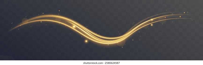 Luminous gold wavy line of light on a transparent background. Yellow magic spirals with sparkles. Shine magic gold swirl with flare sparkles.	