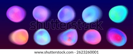 Luminous gradient aura circles set - vibrant neon colors iridescent round shapes collection on dark background. Colorful glowing orbs for magical energy design. Blurry radiant abstract blobs.