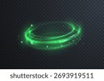 Luminous green light circle with radiant particles and vortex swirl. Abstract neon effect for sci-fi, cosmic, or digital interface design projects.