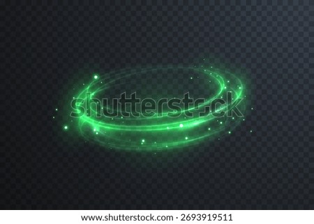 Luminous green light circle with radiant particles and vortex swirl. Abstract neon effect for sci-fi, cosmic, or digital interface design projects.