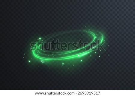 Luminous green light circle with radiant particles and vortex swirl. Abstract neon effect for sci-fi, cosmic, or digital interface design projects.